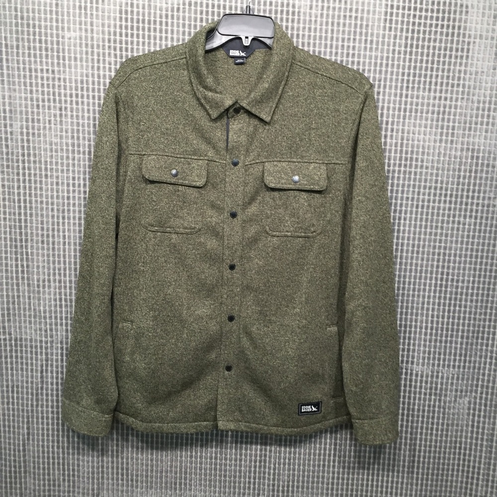 Eddie Bauer Mens Large Olive Green Sweater Fleece Snap Front Shirt Jacket EB0068